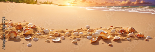 A beach scene with shells scattered across the sand. The overall atmosphere of the scene is serene and picturesque, evoking a sense of relaxation and enjoyment of the natural environment.