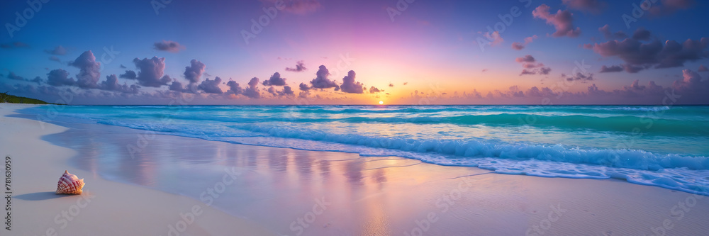 A beautiful beach scene with a sunset, ocean waves, and a shell.