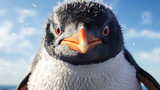 A penguin with an orange beak and black and white feathers. The penguin is looking directly at the camera
