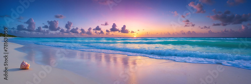 A beautiful beach scene with a sunset  ocean waves  and a shell.