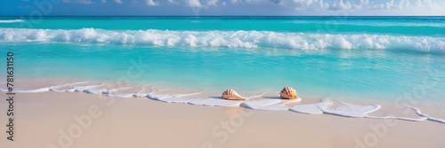 A beautiful beach scene with an ocean and a sandy shore. The water appears to be calm  with two shells lying on the sand  possibly from a recent wave washing up.