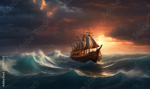 An ancient wooden ship sails the waves. photo