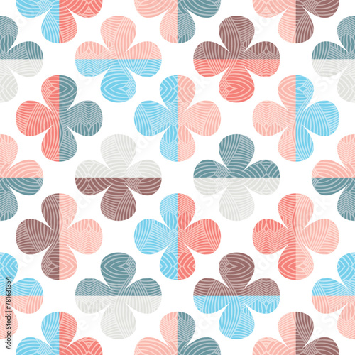 Modern abstract seamless vector pattern with big colourful clovers in retro style. Decorative geometric floral grid texture in vintage colour scheme for wallpaper, fashion and home decor.