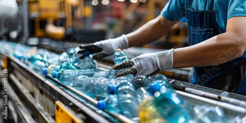A Worker Diligently Sorts Plastic Bottles at a Recycling Plant Promoting Environmental Stewardship, Generative AI © Ben