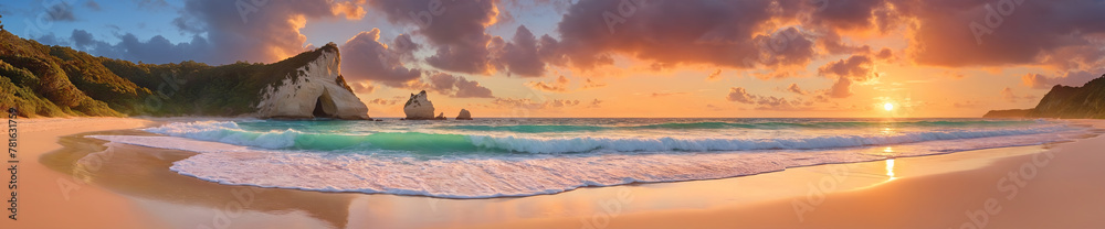 A beautiful beach scene with a large body of water, a rocky cliff and a sunset.