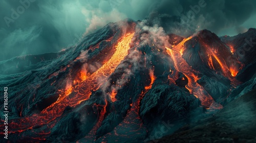 Volcano eruption spewing molten lava on mountainside