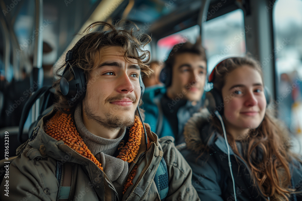 Fototapeta premium Group of People Sitting on Bus With Headphones