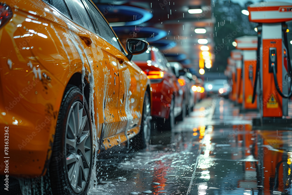 A car is parked at a street car wash near a gas station.