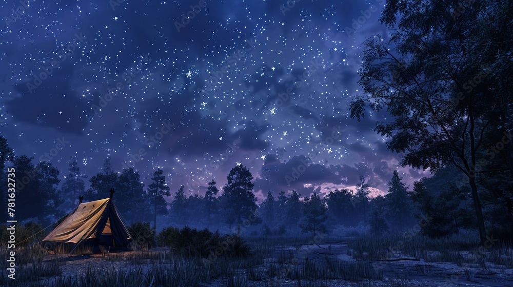 Starry night camping under an illuminated sky, dotted with countless twinkling stars and ethereal clouds. A peaceful escape into nature's embrace.