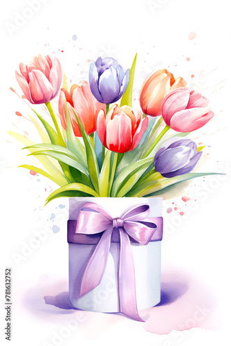A vibrant bouquet of tulips in a gift box adorned with a ribbon. Concept of spring, fresh blooms that symbolize renewal and beauty. Perfect for Woman's Day, Mother's Day, birthday card.