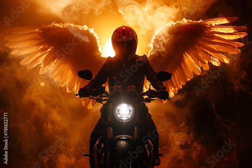 Biker With Flaming Wings at Night photo