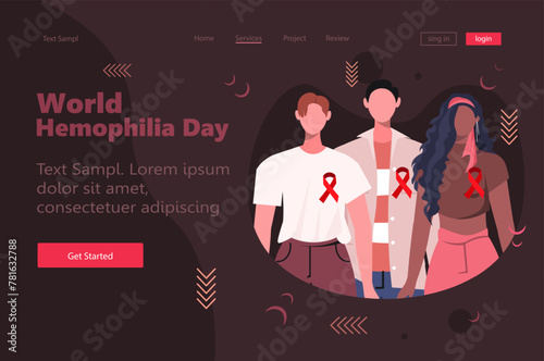 World Hemophilia Day. Young people in casual clothes with red ribbons. Healthcare and medicine concept. Modern concept for website development, social media, template web.