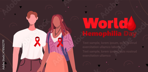 World Hemophilia Day. Portrait of a young modern man and woman with red ribbons in support of people with hemophilia. Awareness Campaign April 17. Flat vector illustration isolated on brown background