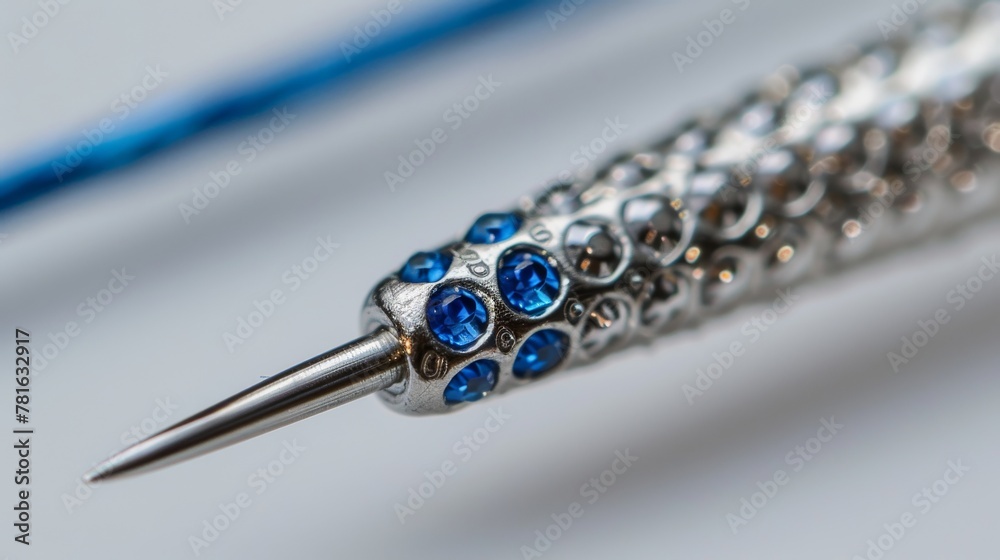 Sewing needle with blue thread in the eye close-up on white background - obrazy, fototapety, plakaty 