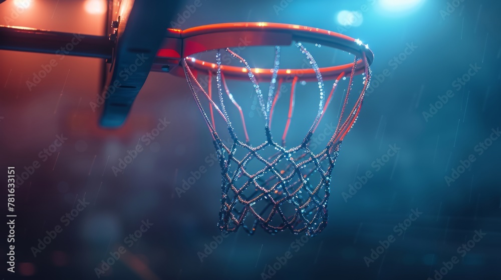 Illuminated basketball hoop in the rain at night