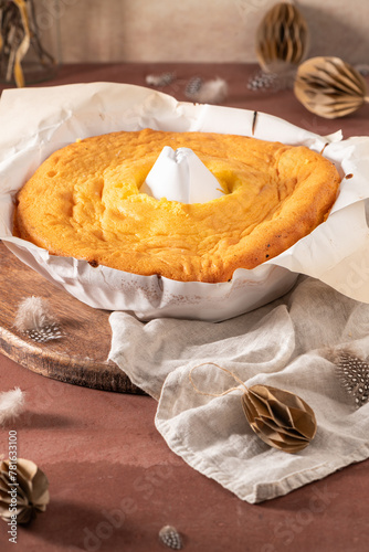 Pao de Lo de Alfeizerao. The traditional Portuguese sponge cake wrapped in the typical paper used on the baking. photo