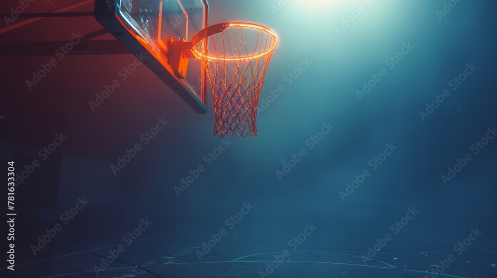 Basketball hoop lit by spotlight in a dark gym