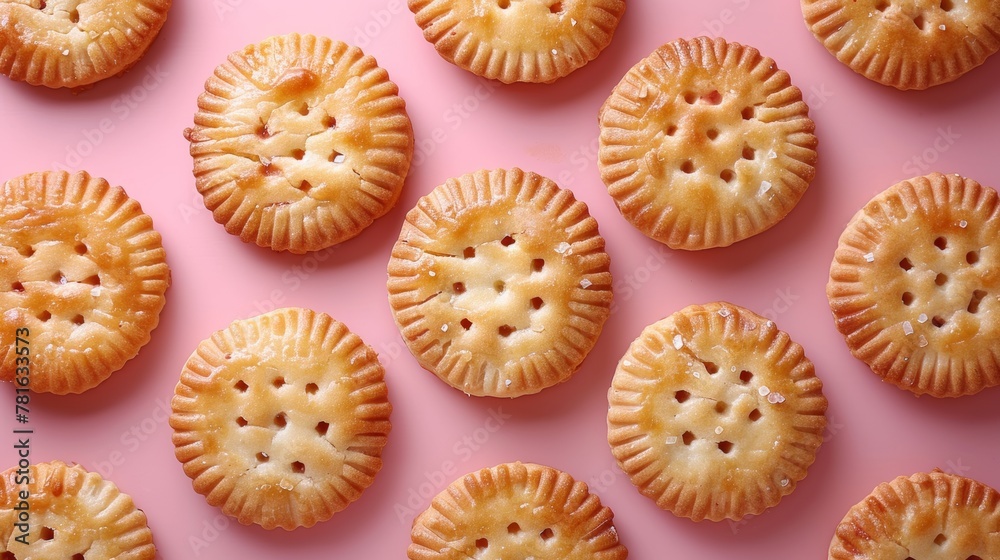 On a pink background, golden biscuits with filling