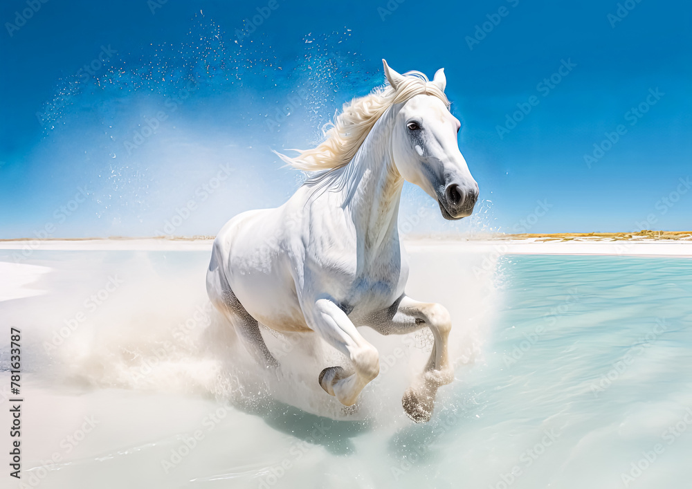 A white horse is running through a body of water. The water is clear and calm, and the sky is blue with some clouds. The horse is the main focus of the image, and it is enjoying its run A white horse is running through a body of water. The water is clear and calm, and the sky is blue with some clouds. The horse is the main focus of the image, and it is enjoying its run