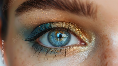 Modern fashion make up of a woman's eye in beautiful green and indigo shades.