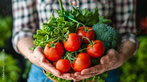 A person holding a basket of tomatoes and broccoli in their hands, AI