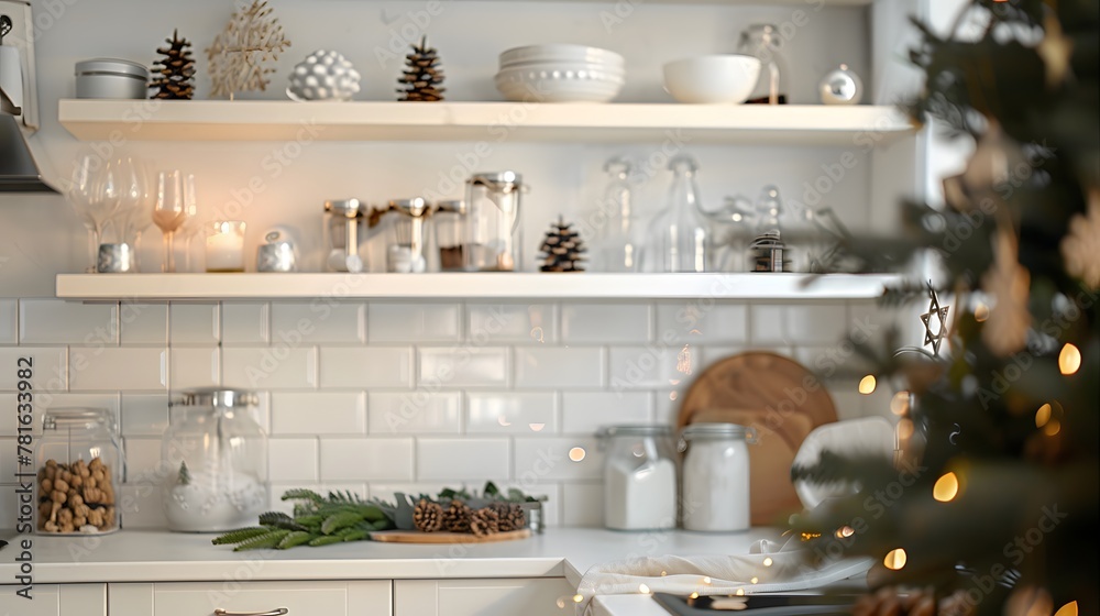 Beautiful design of the white wall in the kitchen. Shelves on the wall with a beautiful decor. Warm and cozy in the kitchen. Kitchen set with Christmas decor. Vase, spruce branches, cones, candles. 