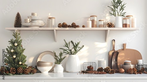 Beautiful design of the white wall in the kitchen. Shelves on the wall with a beautiful decor. Warm and cozy in the kitchen. Kitchen set with Christmas decor. Vase, spruce branches, cones, candles. 