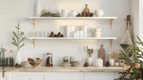 Beautiful design of the white wall in the kitchen. Shelves on the wall with a beautiful decor. Warm and cozy in the kitchen. Kitchen set with Christmas decor. Vase, spruce branches, cones, candles.  © Ziyan Yang