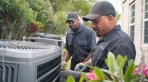 Technicians maintain and repair air conditioners. photo