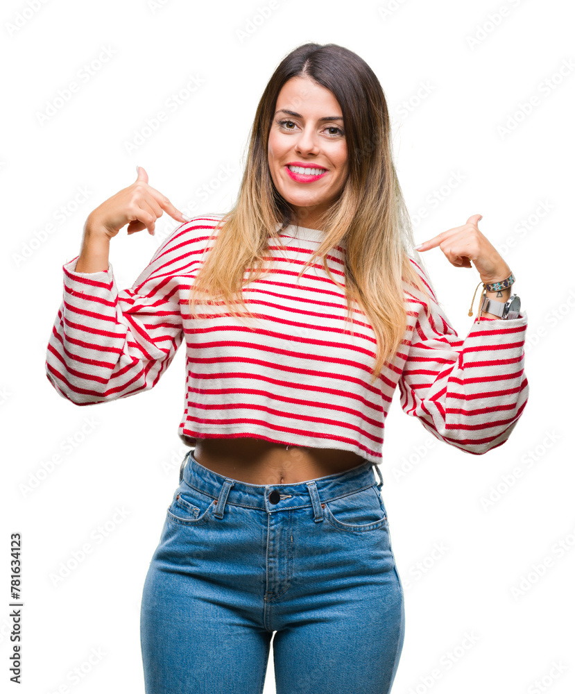 Young beautiful woman casual stripes winter sweater over isolated background looking confident with smile on face, pointing oneself with fingers proud and happy. Young beautiful woman casual stripes winter sweater over isolated background looking confident with smile on face, pointing oneself with fingers proud and happy.