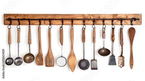 kitchen rack hanging with kitchen utensils isolated on white
