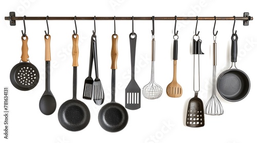 kitchen rack hanging with kitchen utensils isolated on white
