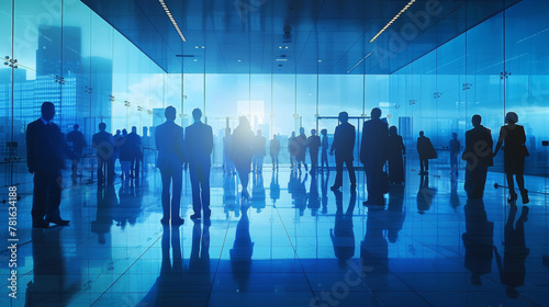 A group of people standing in a large room with glass walls  AI