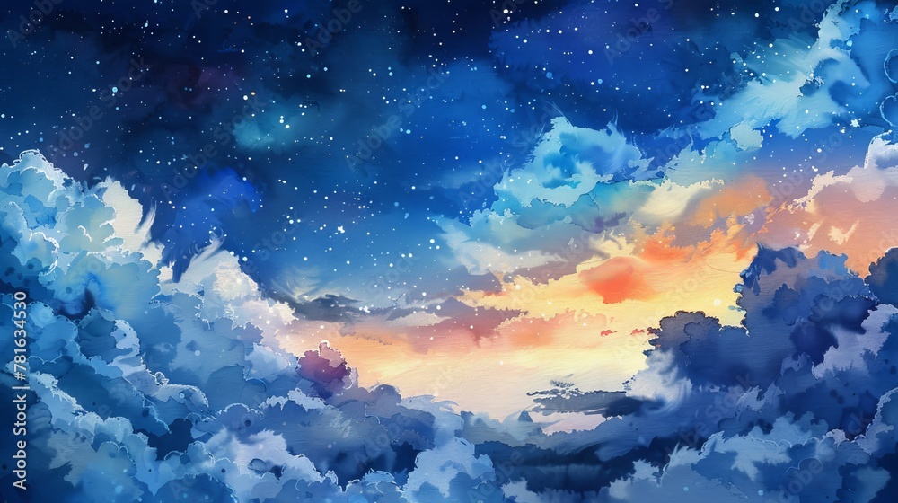 Watercolor night sky with beautiful clouds Watercolor night sky with beautiful clouds
