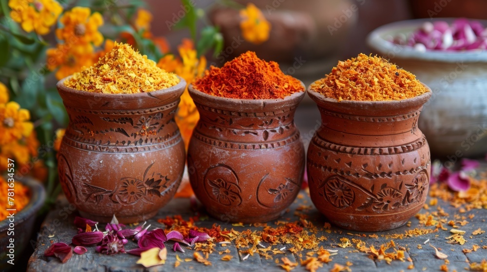 Three small clay pots filled with colorful spices on a table, AI