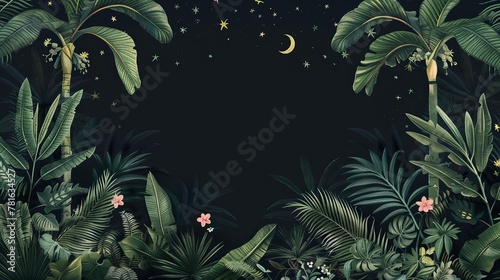 Tropical night-themed border with vintage palm and banana trees  plants  moon  and stars on a black background. Ideal for a jungle wallpaper with an exotic feel.