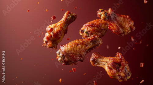 Barbecue chicken wings in mid-air with droplets of sauce and a sprinkle of spices. Dark red background. Concept for International Chicken Wing Day.