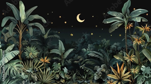 Tropical night-themed border with vintage palm and banana trees, plants, moon, and stars on a black background. Ideal for a jungle wallpaper with an exotic feel.