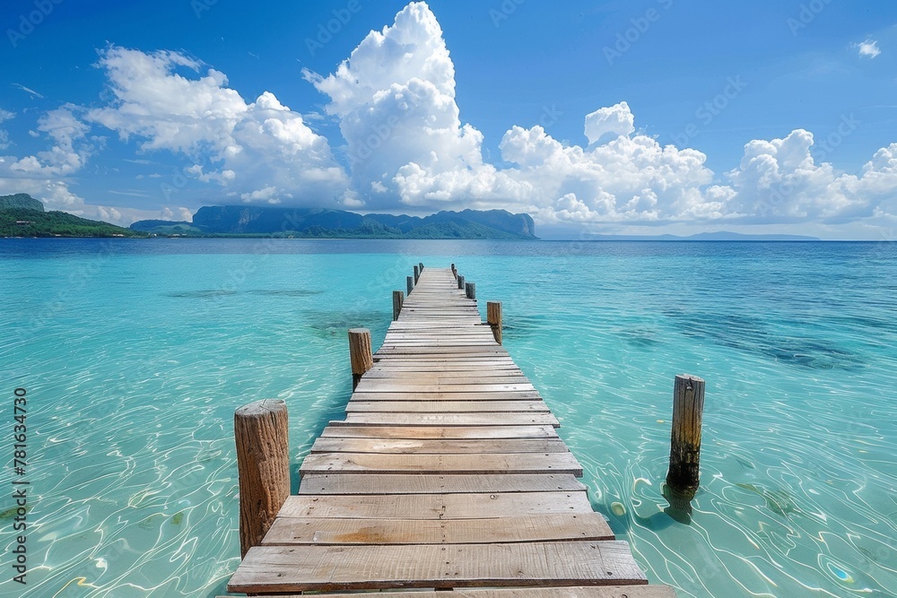 A wooden pier leading into a clear blue ocean with white clouds, AI