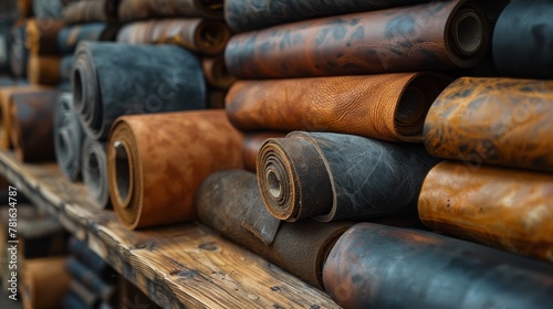 Various rolls of brown and black leather. Ideal for making leather crafts.
