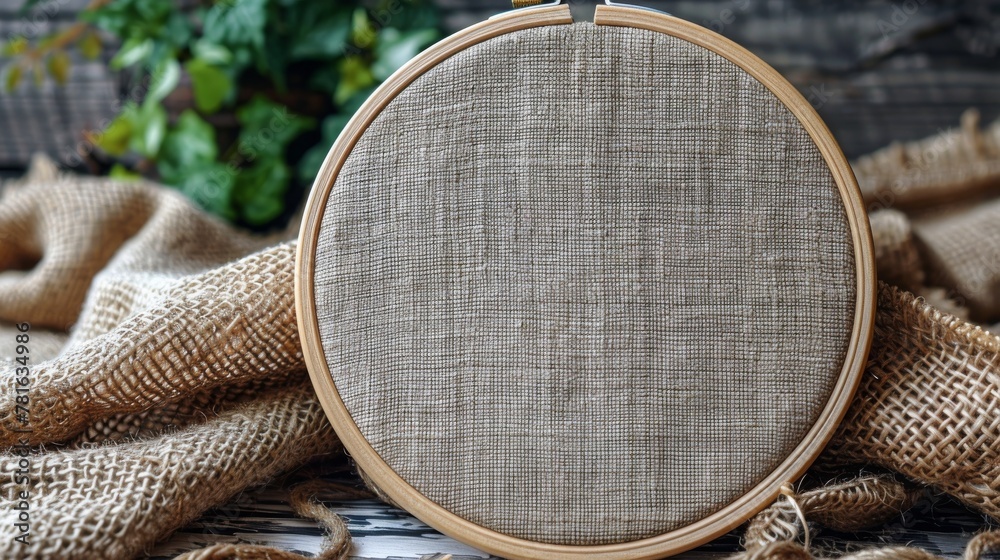 On a white wooden background, a hoop for embroidery and canvas is presented. This mockup is intended for hobby use. - obrazy, fototapety, plakaty 