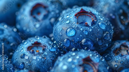 Freshly picked blueberries with dew on the surface. Berry background. Macro photograph. photo