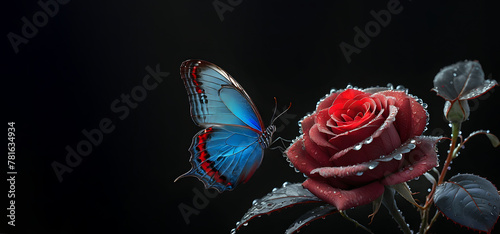 red rose in dew drops and and tropical morpho butterfly on black.