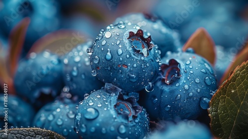 The ripe blueberries are surrounded by a cloth of dew. Macro photo of fresh blueberries. photo