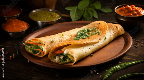 wide top view background photo, delicious masala dosa and curries on a tray, Indian traditional food recipe banner image in dark color background photo