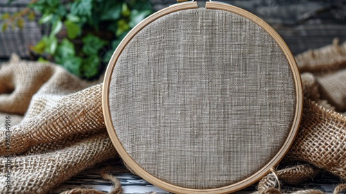 On a white wooden background, a hoop for embroidery and canvas is presented. This mockup is intended for hobby use. photo