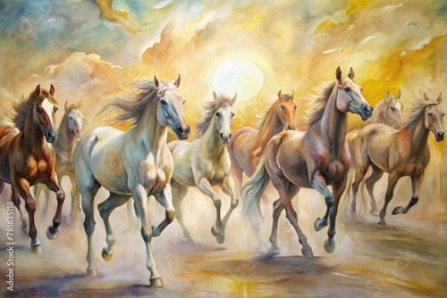 Oil Painting Wallpaper Running Horses at sunset time  © Glebstock