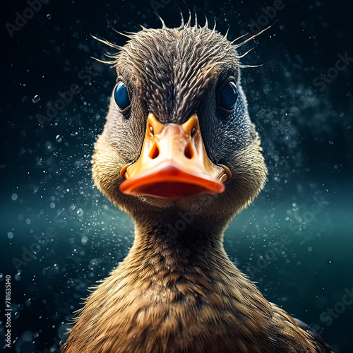 A duck with a big mouth is staring at the camera. The duck's mouth is open wide, and its eyes are bright blue. The image has a playful and lighthearted mood photo