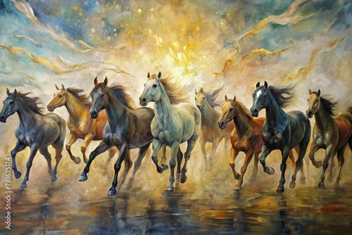 Oil Painting Wallpaper Running Horses at sunset time  © Glebstock