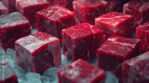 Cubed steak on ice, rich in color and texture